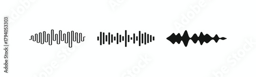 Universal black sound wave graphic elements. Simple silhouette vectors representing music, radio, or voice frequency for web and print design