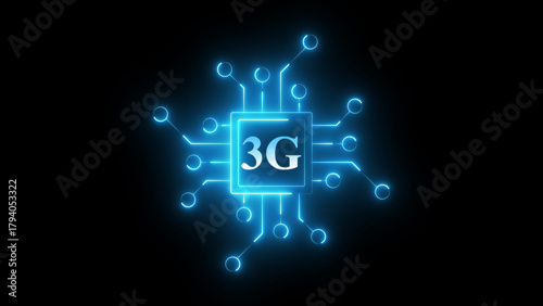 Neon 3G chip circuit icon glowing mobile network processor symbol, digital communication technology chipset graphic, bright electronic board interface for wireless connectivity and telecom system