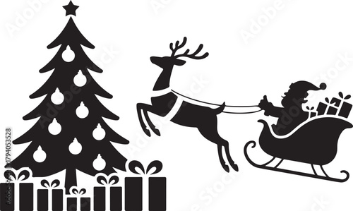 Santa Claus in sleigh with reindeer passing a Christmas tree silhouette. Festive holiday scene with Santa's ride gift boxes and a decorated fir tree. Winter vector illustration