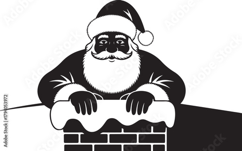 Santa Claus on the roof going down the chimney silhouette. Vector illustration of a traditional Christmas character delivering gifts. 