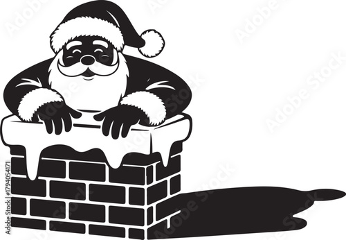 Santa Claus on the roof going down the chimney silhouette. Vector illustration of a traditional Christmas character delivering gifts. 
