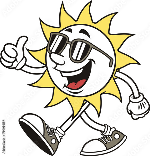 Cool smiling sun cartoon character wearing sunglasses