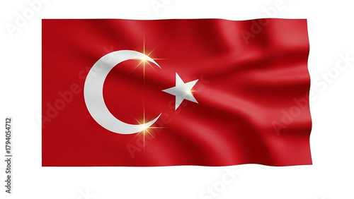 Waving national banner featuring a white crescent moon and star against a deep red field against a dark background