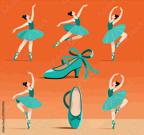 Ballet dancers in colorful flat design, ballet shoes, isolated