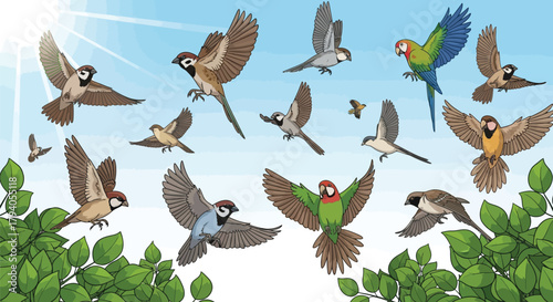 Spring Birds Illustration – Flying Wildlife with Wings and Beak Detail, Nature Animal Drawing, Decorative Pattern Design, Cute Bird Art for Spring Season, Seamless Wildlife Theme for Creative Projects