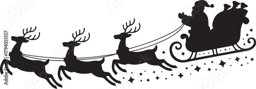 Santa Claus Silhouette in sleigh full of gifts with reindeers. Merry christmas and Happy new year decoration. Vector on transparent background