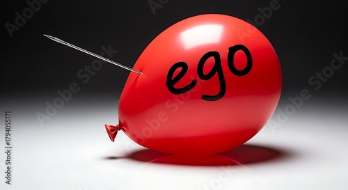 Red balloon with the word ego being punctured by a sharp needle