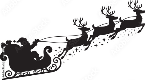 Santa Claus Silhouette in sleigh full of gifts with reindeers. Merry christmas and Happy new year decoration. Vector on transparent background