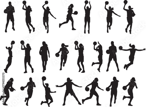 Vector Silhouettes of High School Girls Basketball Players – Sports Action Illustration