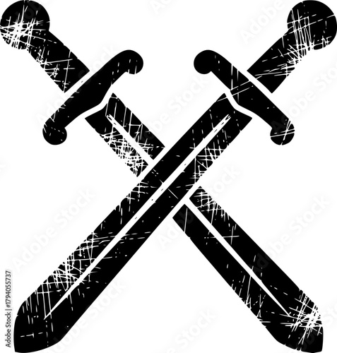 two swords crossed sketch engraving black and white outline. Scratch board imitation.

