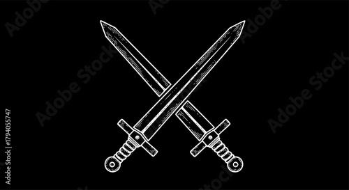 two swords crossed sketch engraving black and white outline. Scratch board imitation.
