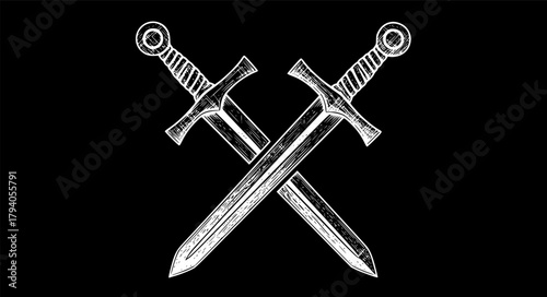 two swords crossed sketch engraving black and white outline. Scratch board imitation.
