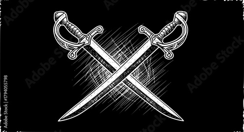 two swords crossed sketch engraving black and white outline. Scratch board imitation.
