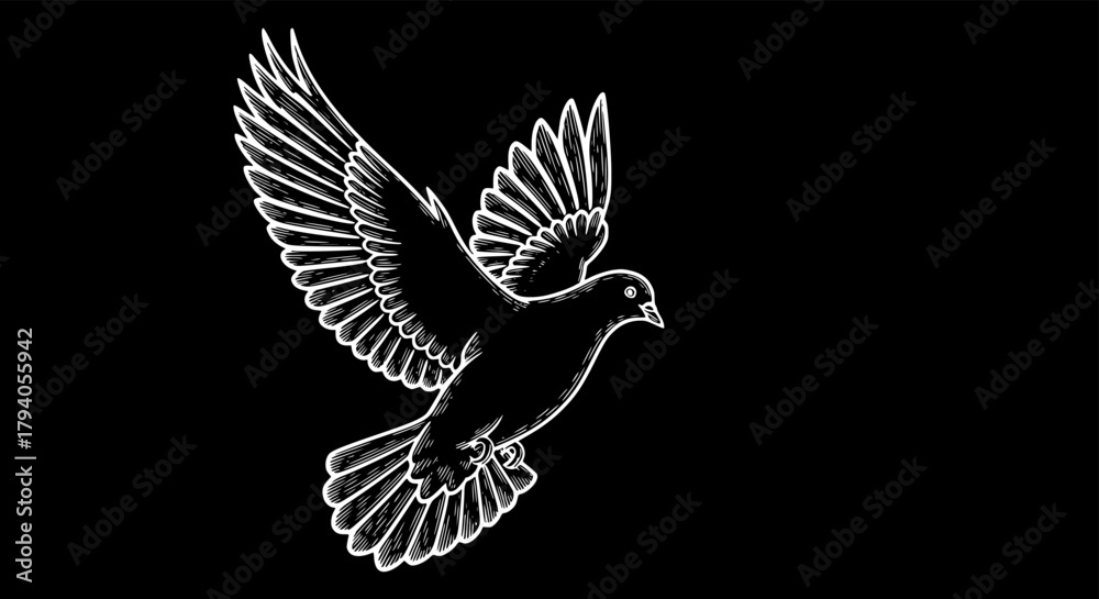 Obraz premium dove flying engraving black and white outline. Scratch board imitation. 