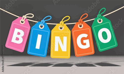 Bingo letter tags on string, colorful game concept, playful design
