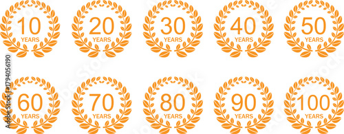 Collection of golden anniversary medals celebrating milestones isolated on white background