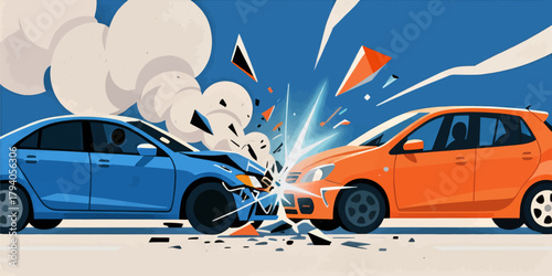 Car crash vector illustration, colorful collision, dynamic scene