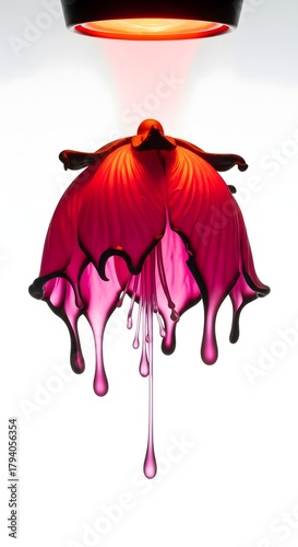 A vibrant pink and purple flower is illuminated by a red heat lamp, creating an artistic and surreal visual effect with dripping petals