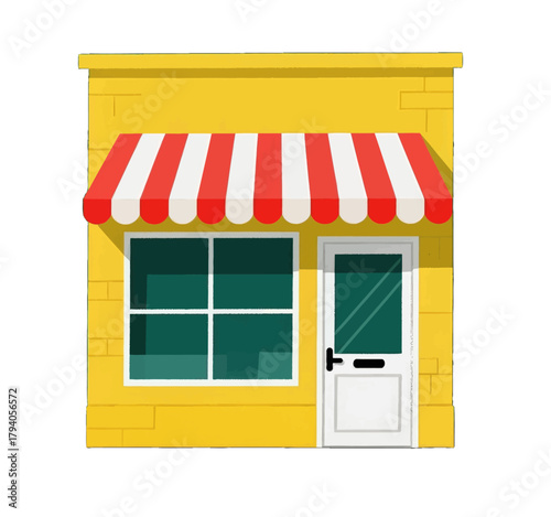 Charming Yellow Storefront with Red and White Awning