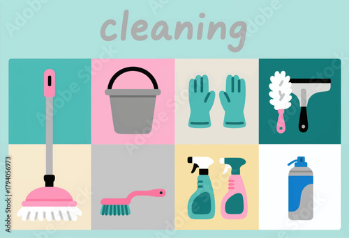 Cleaning supplies illustrated collection with flat design elements