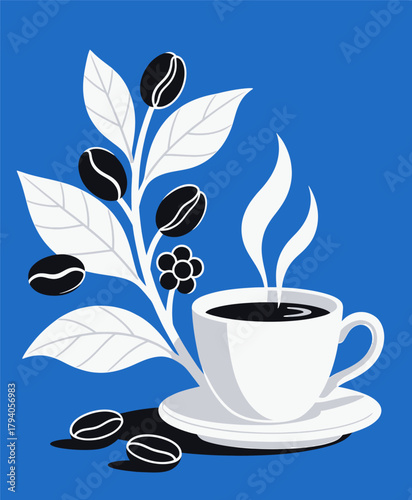 Coffee cup with beans, minimal flat design, isolated