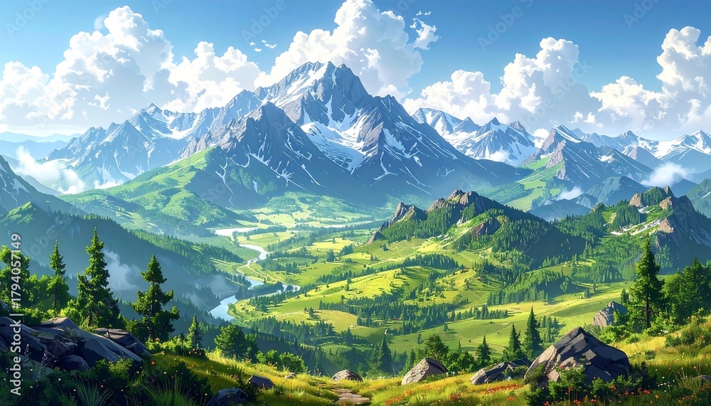 Fototapeta premium Majestic Mountain Vista - A Breathtaking Landscape Painting.