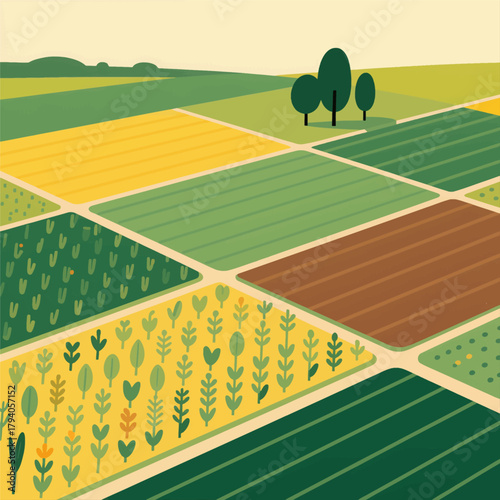 Colorful farm fields illustration, minimal rural scene, patchwork crops
