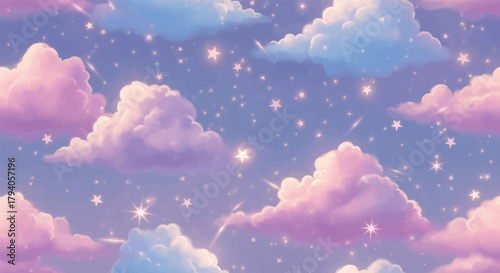 Fantasy clouds and stars pattern, dreamy sky, soft glowing light, seamless repeat background(1).eps