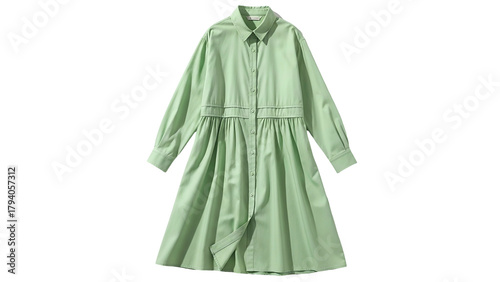 Long sleeved, collared, pleated midi garment displayed against a solid dark background