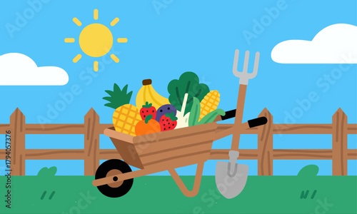 Colorful gardening wheelbarrow with fruits and vegetables illustration