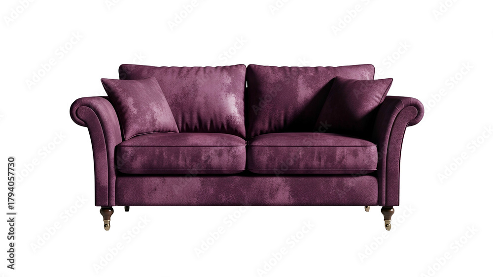 Fototapeta premium Plush, deep purple upholstered settee positioned against a stark black background