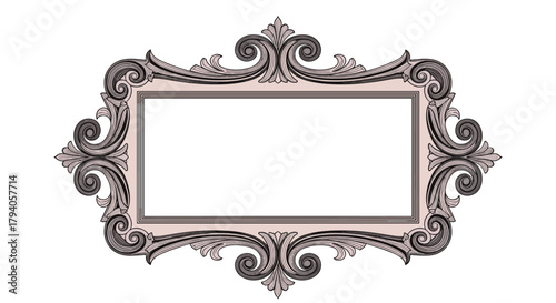 Elegant ornate vintage rectangular frame with rococo-style scrollwork in blush pink and grey, ideal for text or image insertion.