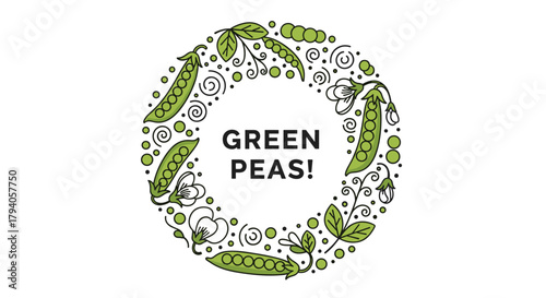 A charming circular illustration of green pea pods, ripe peas, and delicate pea flowers arranged in a decorative wreath with a central \.