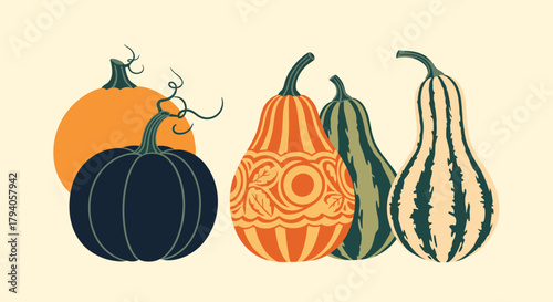 An illustration of a colorful assortment of autumn pumpkins and decorative gourds in various shapes and patterns, set against a light background.