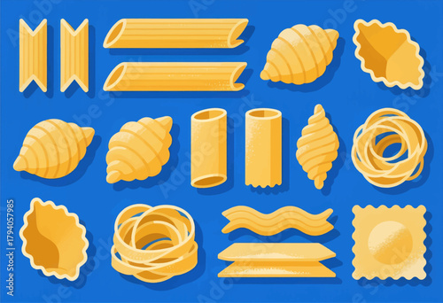 Colorful pasta shapes vector collection, design set isolated