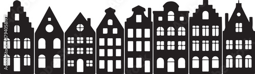 Set of Amsterdam style houses. Laser cut silhouette. Stylized facades of dutch buildings in old European fashion. Wood carving vector template. Urban landscape in black and white. Paper cut, die cut
