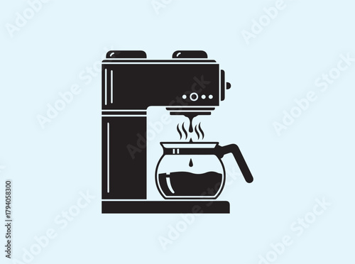 Solid black silhouette of a coffee maker dripping hot coffee into a glass pot, steam rising,