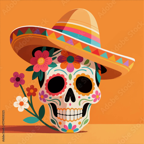 Colorful sugar skull with flowers and sombrero illustration