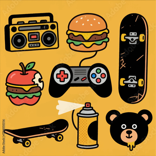 Colorful youth culture icons, minimal flat design, isolated