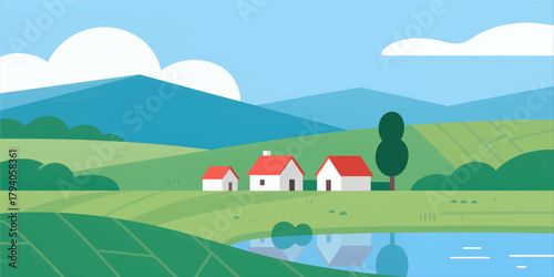 Cottage houses in a green rural landscape, flat vector illustration