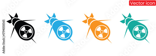 Colorful nuclear missile icons for science, defense, or abstract concepts,Black missile icon collection. Combat rocket weapons. Set of weapon and rocket symbol. Missile silhouette collection
