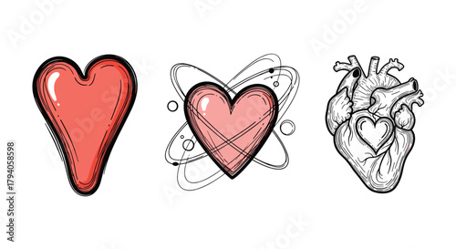 Three distinct artistic interpretations of the heart, ranging from abstract to anatomical, depicting love, emotion, and science.