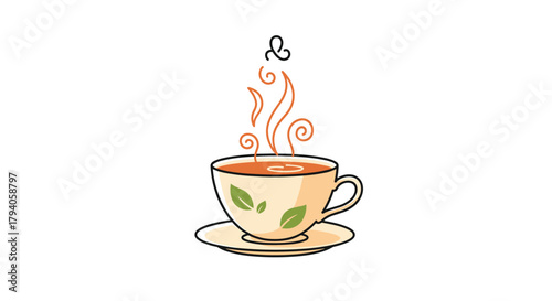 A charming cartoon illustration of a steaming teacup with green leaves on its side, resting on a saucer, exuding warmth and comfort.