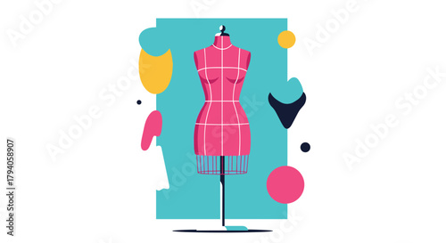 A stylish pink dress form for fashion design and tailoring is centered on a vibrant teal background, surrounded by colorful abstract shapes.