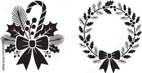 Set of Christmas decorations silhouette. Vector icons of a festive wreath and a decorative swag with holly bow and candy cane