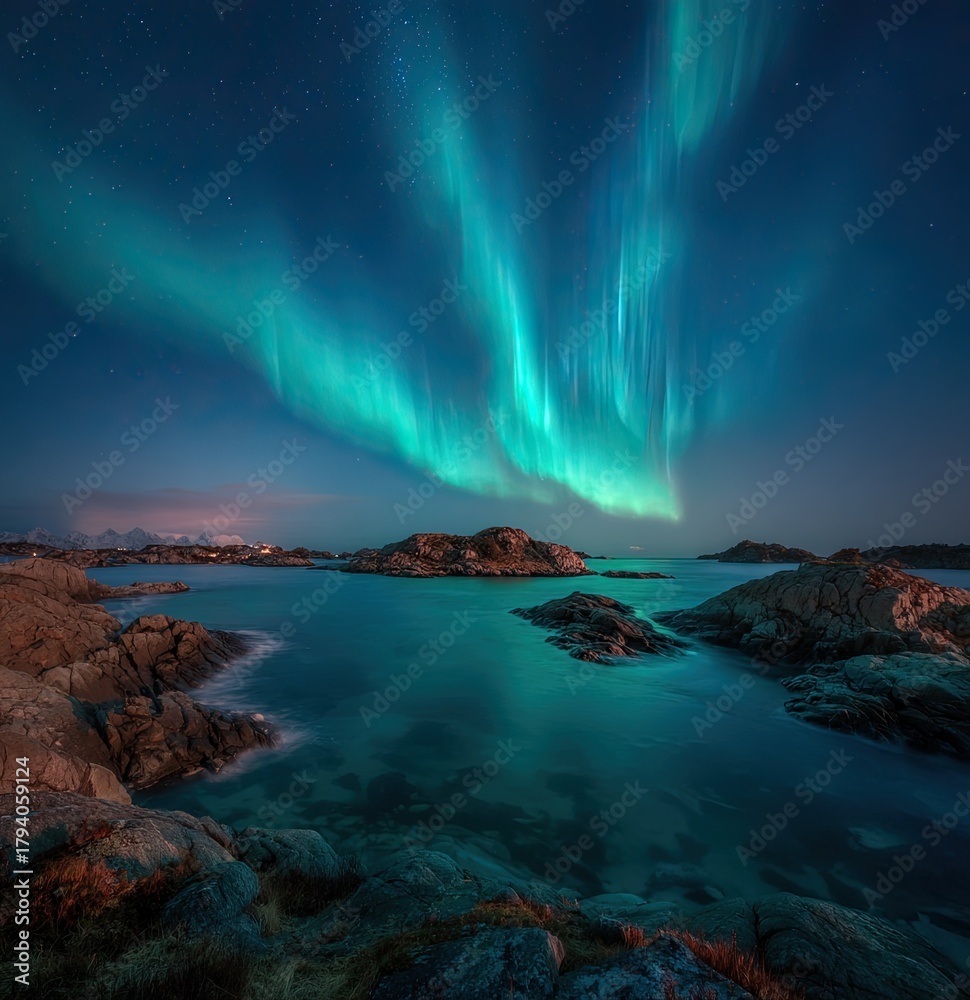 Naklejka premium Epic view of glowing blue and green northern lights covering night sky above tranquil ocean, moon’s silver light shimmering on water, mysterious islands beneath universe of endless bright stars.