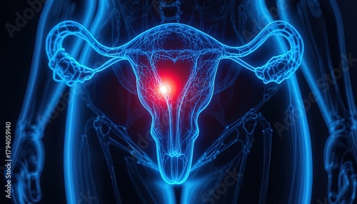 Striking anatomical rendering showcasing the female reproductive system and internal organs with glowing red accents, ideal for medical education and awareness