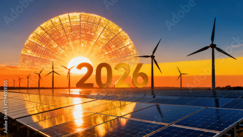 New Year 2026 poster featuring a sunrise made of solar panels illuminating wind turbine silhouettes under a blue-to-orange gradient sky i