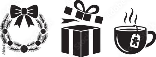 Set of Christmas icons silhouette. Vector collection including a festive wreath open gift box and a hot tea mug with gingerbread man. 