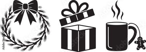 Set of Christmas icons silhouette. Vector collection including a festive wreath open gift box and a hot tea mug with gingerbread man. 